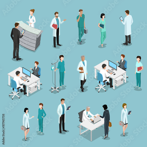 Flat isometric male female doctors nurse medic healthcare vector