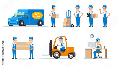 Flat 3d moving delivery man couriers car vector set