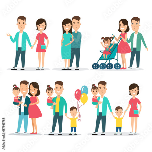 Flat Family parent children baby pregnant woman parenting vector
