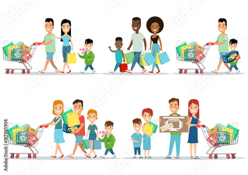 Flat Happy parents children purchases cart vector set. Shopping.