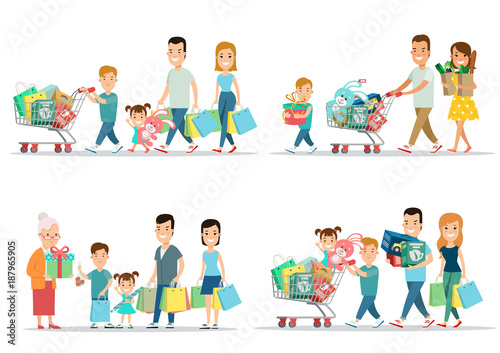 Flat Happy parents children purchases cart vector. Shopping.