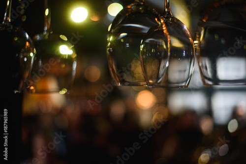 Empty glasses on table in night club or restaurant  closeup