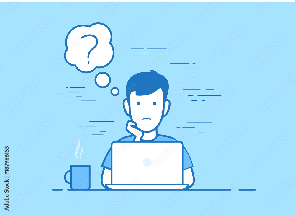 Flat linear question vector banner workplace. Man working laptop Flat linear question vector banner workplace. Man working laptop
