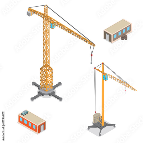 Flat isometric construction crane vector object illustration set