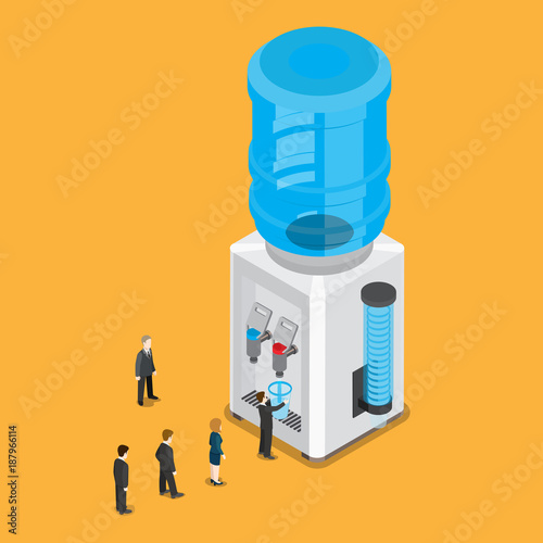 Flat isometric water cooler bottle vector. 3d people drink water