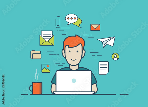 Flat linear vector icons workplace. Man working laptop
