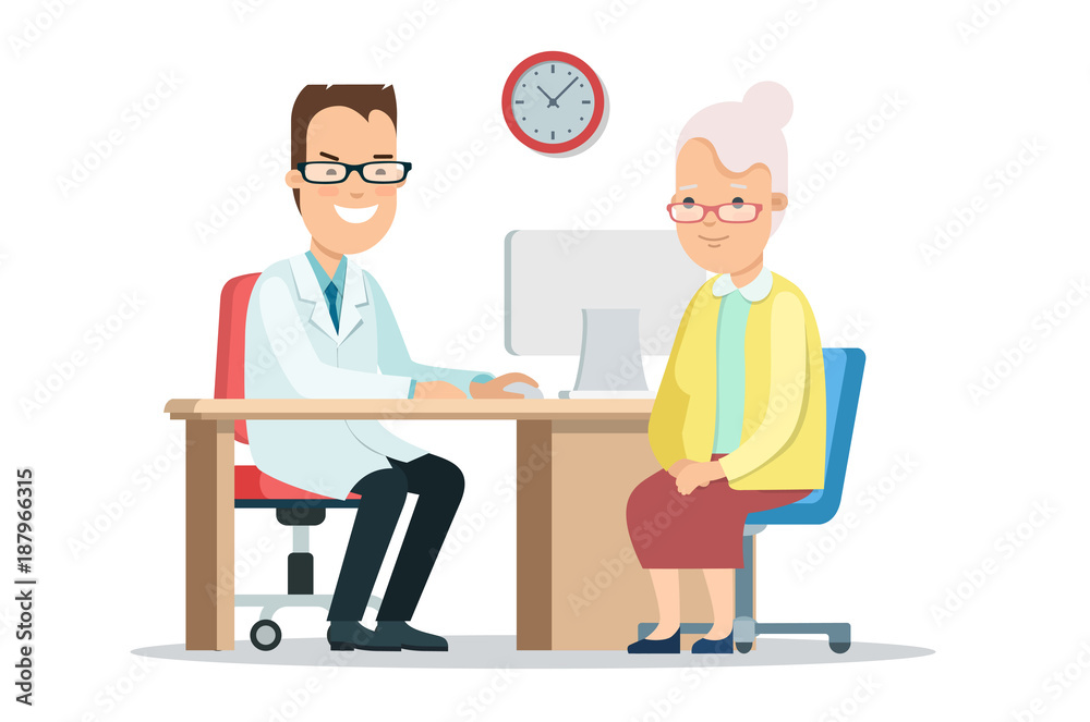 Flat doctor cares old woman health vector. Patient hospital