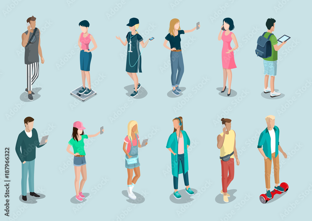 Flat isometric 3d casual people characters vector icon set