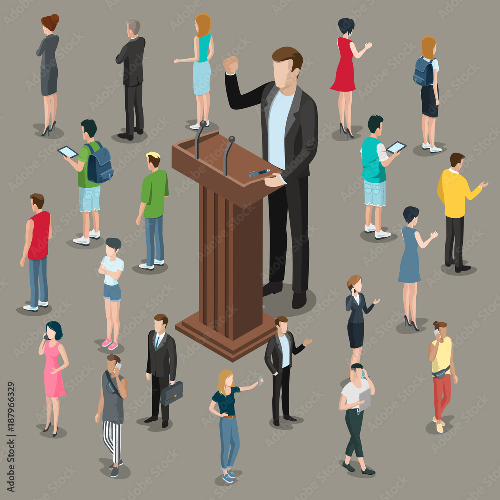 Flat isometric politician business speech vector. People listen - obrazy, fototapety, plakaty 