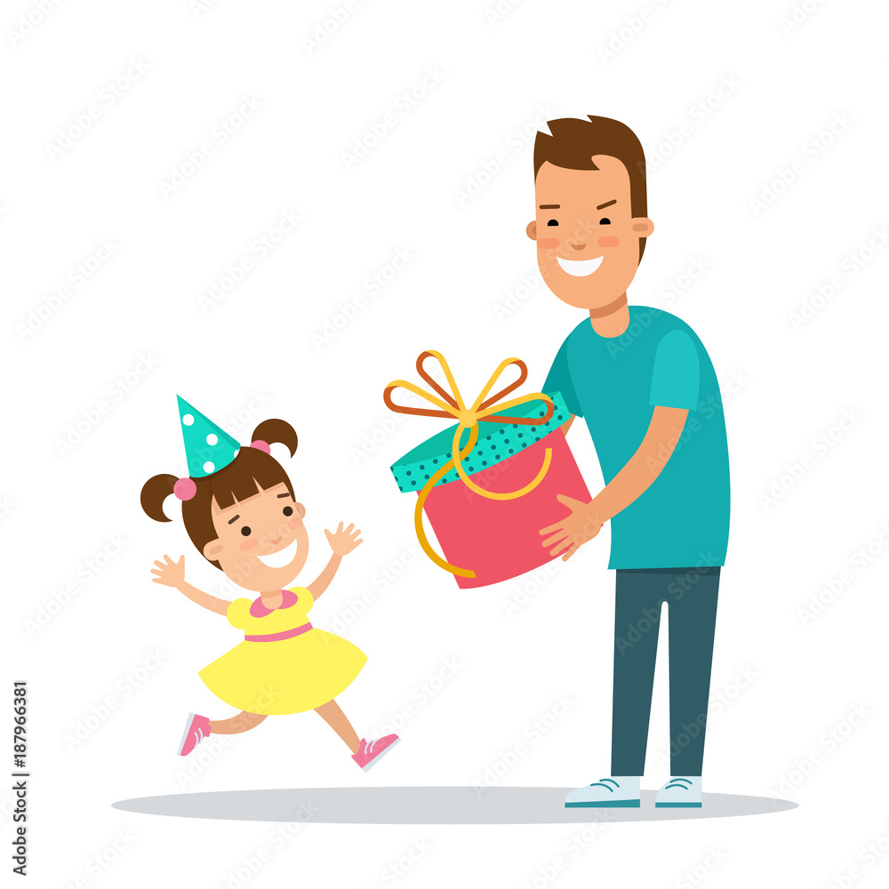 Flat Family children vector holiday. Father present gift to girl