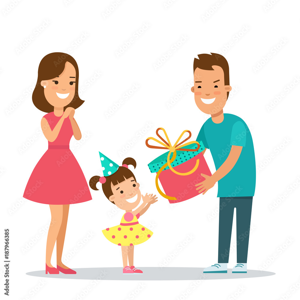 Flat Family children vector holiday. Father present gift Flat Family children vector holiday. Father present gift