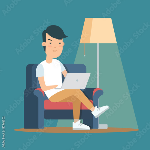Flat vector man home interior with laptop. Leisure relax online