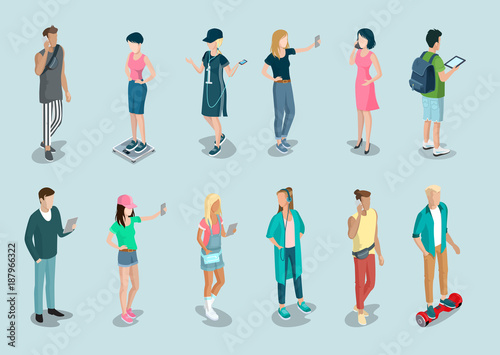 Flat isometric 3d casual people characters vector icon set