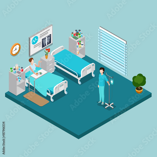 Hospital ward patient bed nurse care flat isometric vector 3d