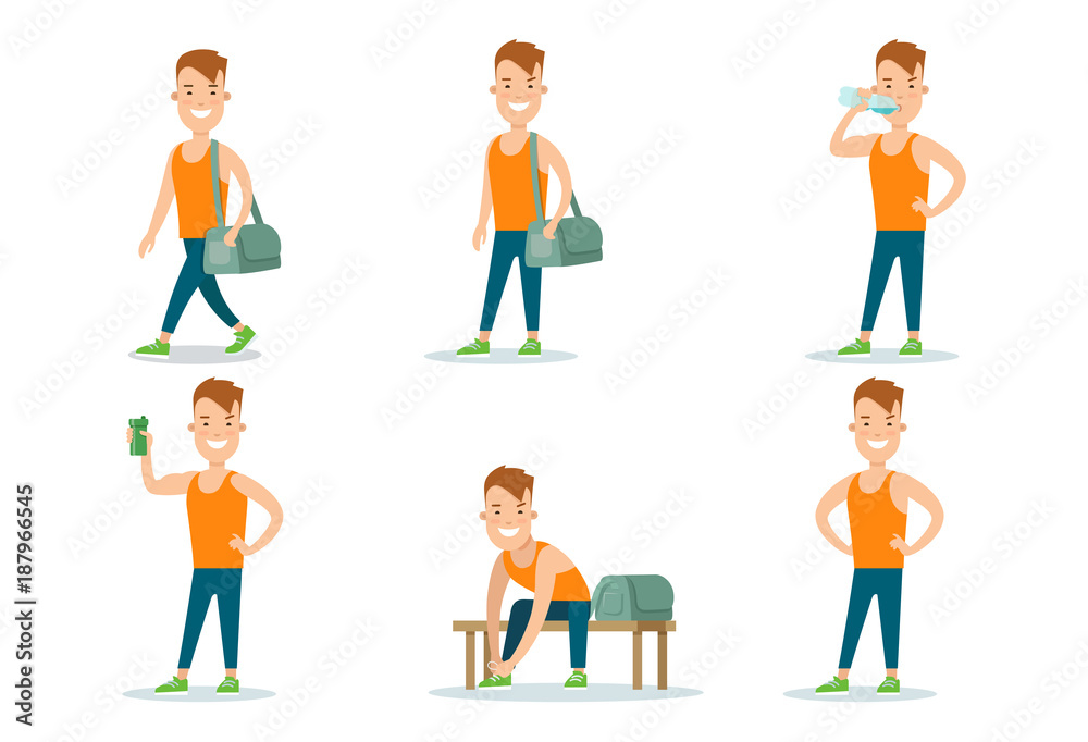 Icon set sportsmen flat vector. Man gym locker room workout Icon set sportsmen flat vector. Man gym locker room workout