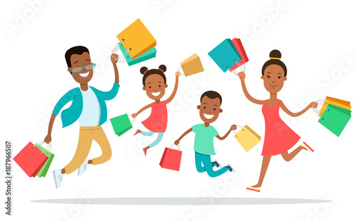 Flat Happy family shopping people with purchases box vector set