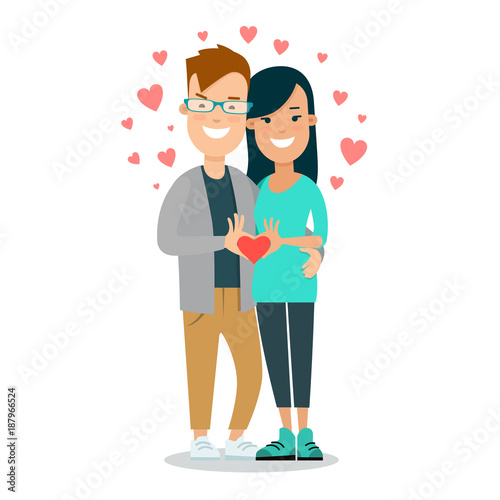 Man and woman young couple holding heart vector flat style love