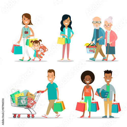 Flat Happy family shopping people with purchases box vector set