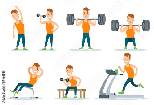 Sportsmen pumping iron and exercise in gym icon set