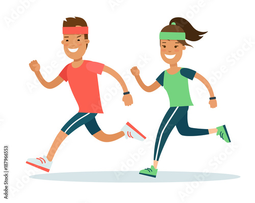 Flat Athlete running runner vector. Man woman jogging marathon