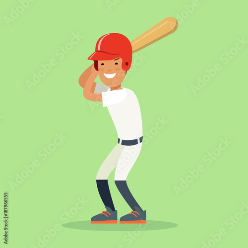 Flat baseball player sportsmen vector. Batter hitter bat