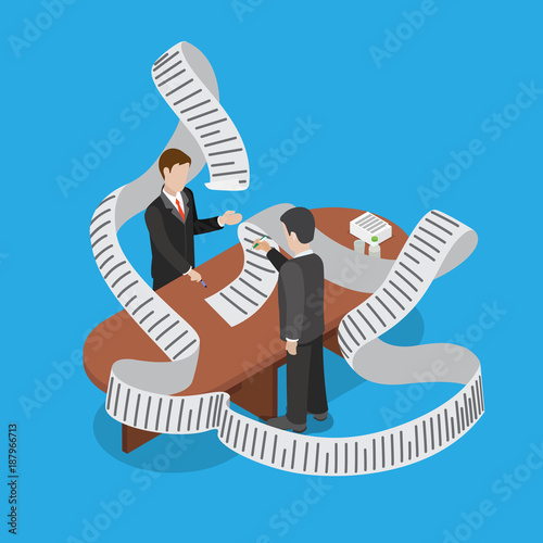 Flat isometric businessman deal Signing agreement bill vector