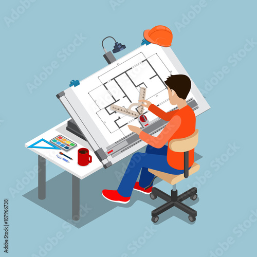 Flat style isometric architectural drawing board table vector