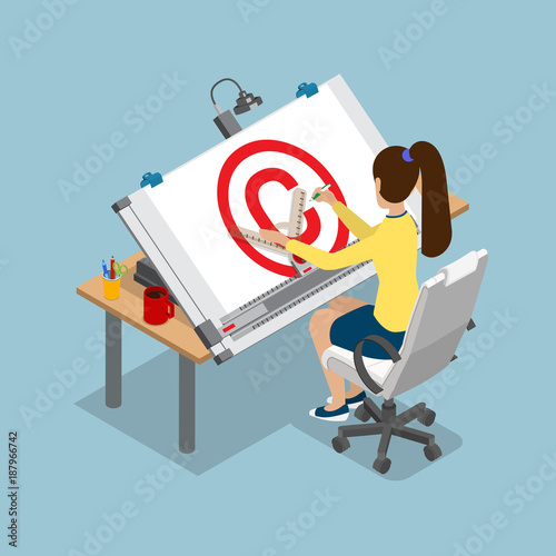 Flat style isometric architectural drawing board table vector