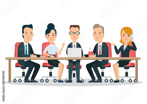 Flat business meeting room report vector. People sitting, laptop