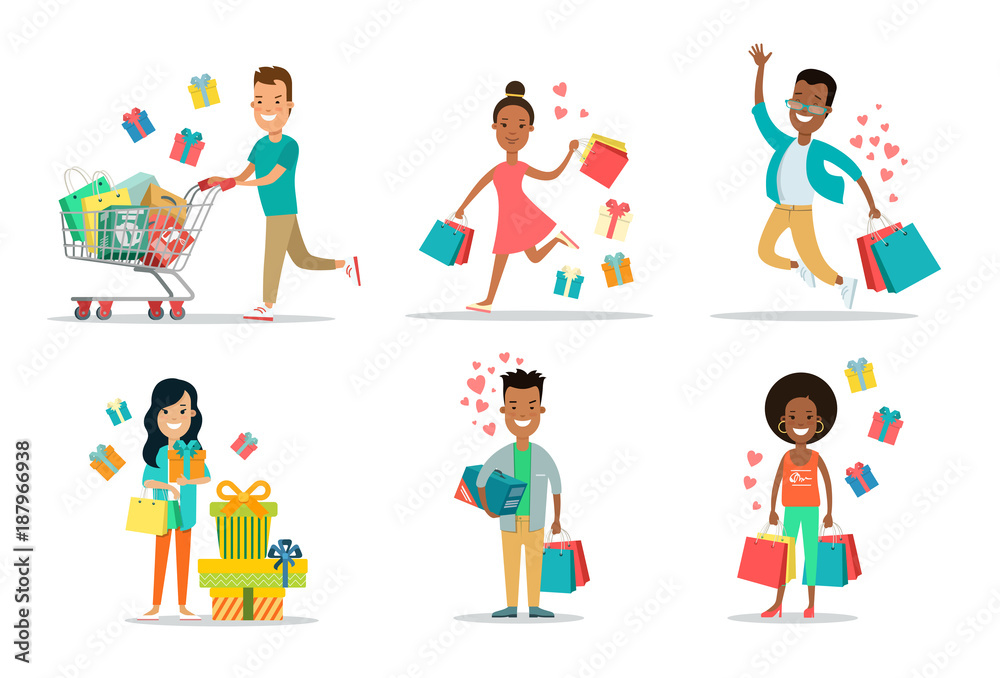 Flat Happy people purchases cart vector set. Shopping.