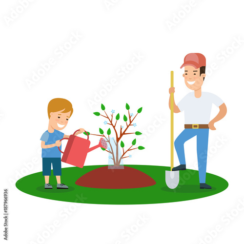 Flat Father son plant a tree Family children vector parenting