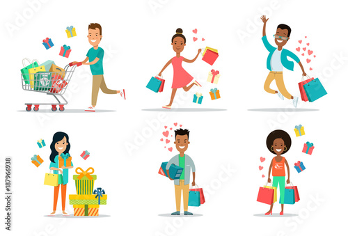 Flat Happy people purchases cart vector set. Shopping. © Sentavio