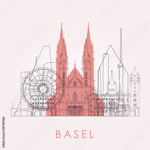 Outline Basel skyline with landmarks. Vector illustration. Business travel and tourism concept with historic buildings. Image for presentation, banner, placard and web site.