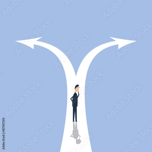 Businessman leader to decide on the two-way road, vector illustration. Royalty free stock images.