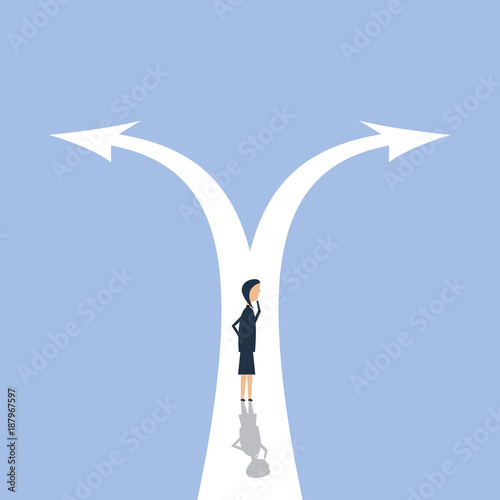 Businesswoman leader to decide on the two-way road, vector illustration. Royalty free stock images.
