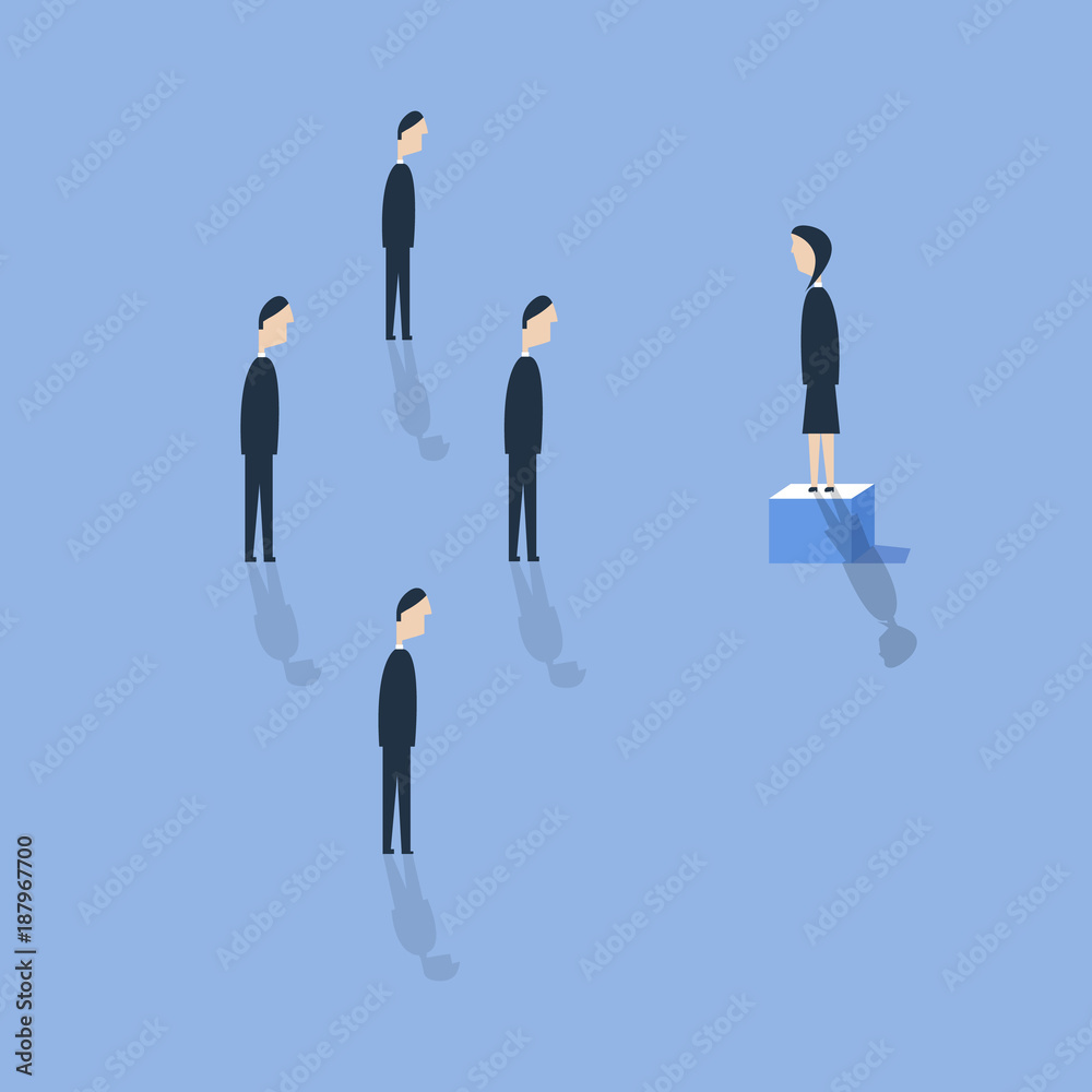 Obraz premium Business woman leader speaking on top of the column graph, vector illustration. Royalty free stock images.