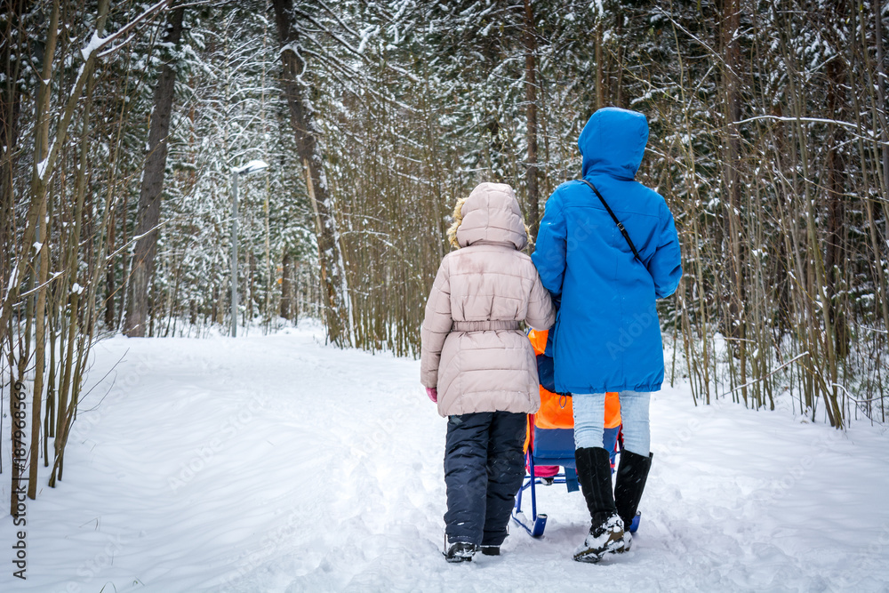 Naklejka premium A walk in the winter Park mother of the child to roll the sled