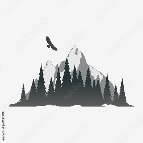 Coniferous forest silhouette with mountain peak