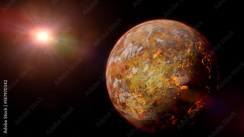 Naklejka premium alien planet with lava streams lit by a bright and hot star 