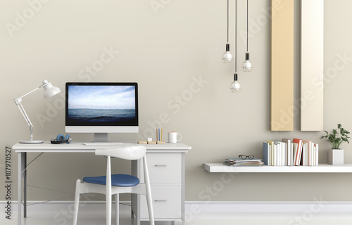 3D rendering of interior modern living room bright workspace with desk and desktop computer  © srijaroen