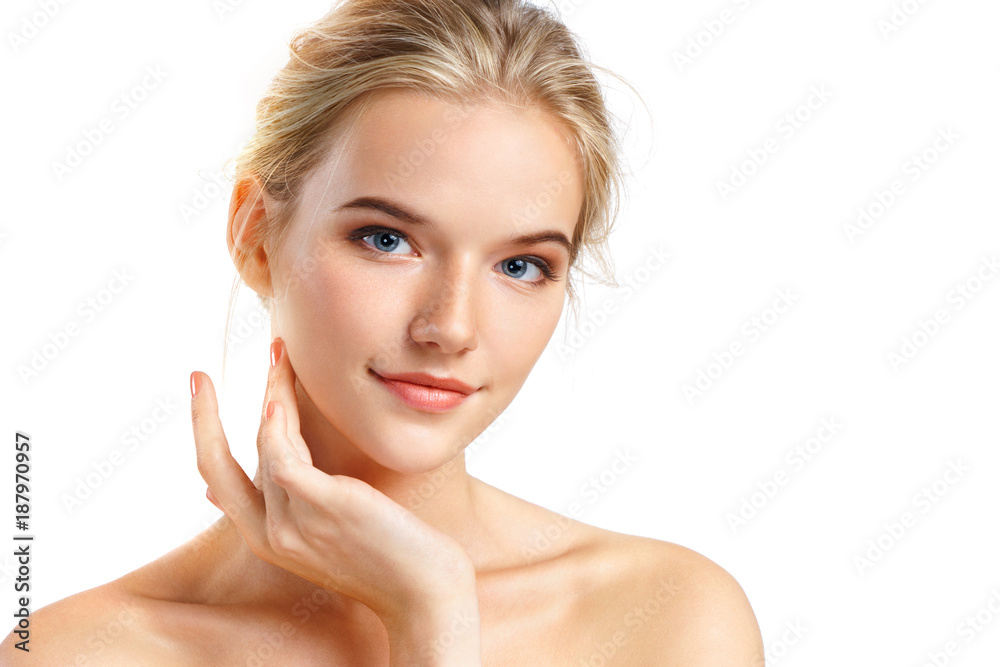 Beautiful teen girl isolated on white background. Skin care concept Beautiful teen girl isolated on white background. Skin care concept