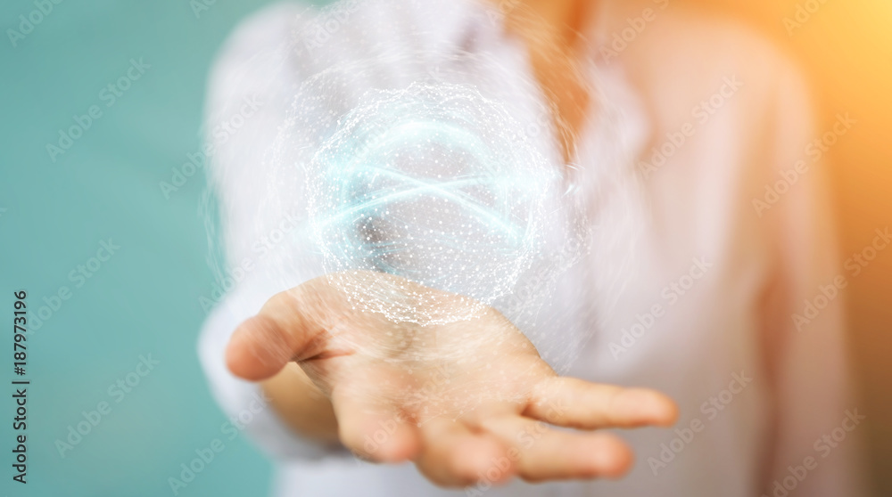 Naklejka premium Businesswoman using digital network connection sphere 3D rendering