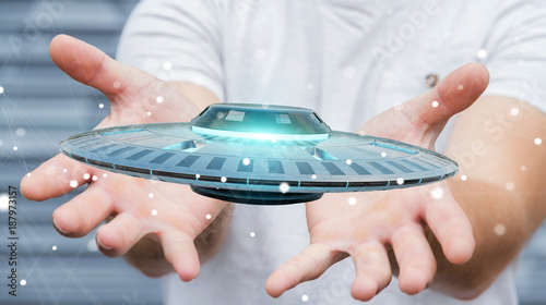 Fototapeta Naklejka Na Ścianę i Meble -  Businessman with retro UFO spaceship 3D rendering