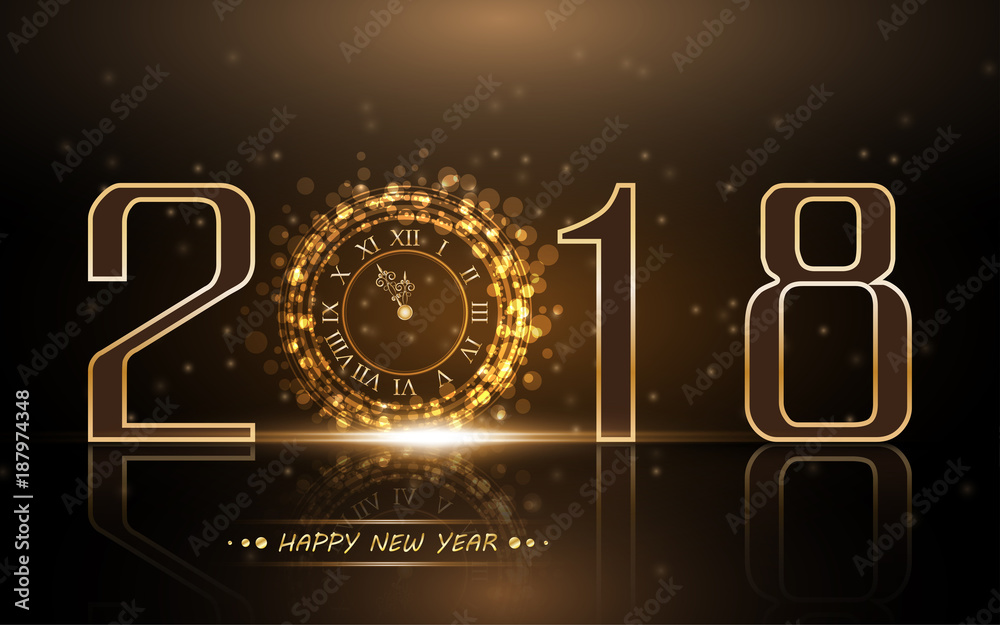 Naklejka premium 2018 New Year background with gold clock