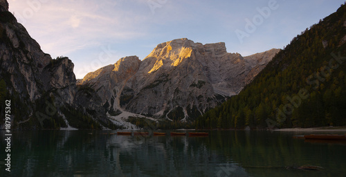 Mountains above the lake Lago di Braies in the fall, Dolomites, Italy