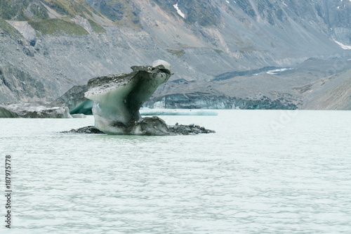 Tasman glacier with breaking ice over the lake, New Zealand natural landscape background photo