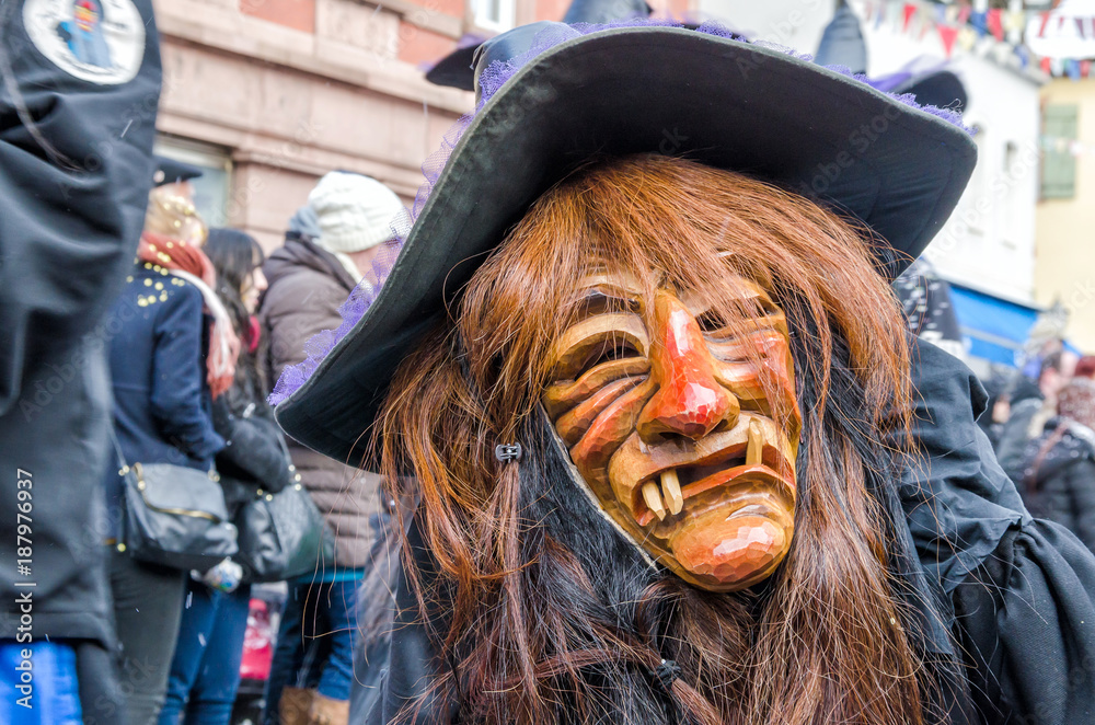  Carneval Fasnacht in the city of Lahr, Germany. Traditionally, the festive and cultural carnival procession through the streets of cities and towns in Germany
