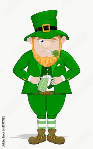 Hand drawn vector illustration of a funny smiling leprechaun dressed in green with orange beard and drinking beer