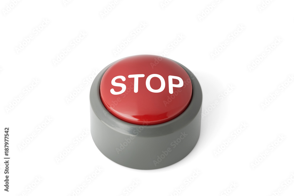 Red Circular Push Button Labeled 'Stop' on White Background