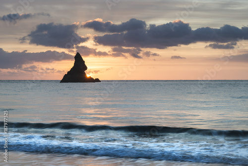 Beautiful sunrise landsdcape of idyllic Broadhaven Bay beach on Pembrokeshire Coast in Wales